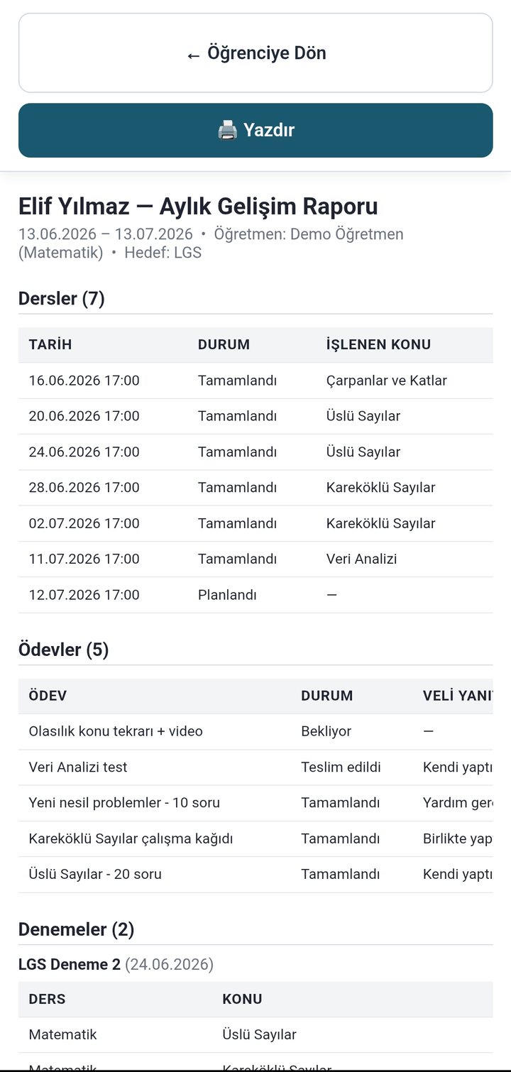 ODYP aylık gelişim raporu: dersler, ödevler ve denemeler tablosu