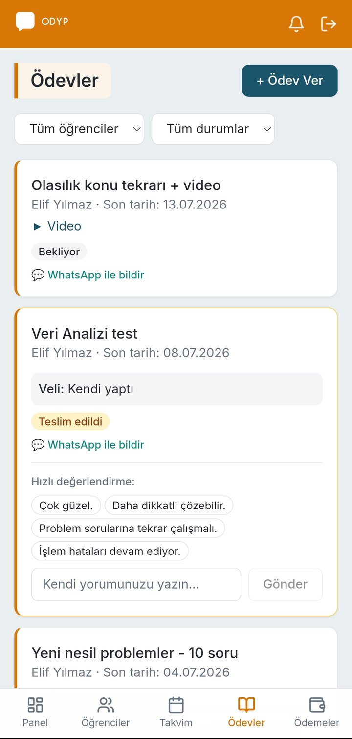 ODYP ödevler modülü: ödev listesi, veli yanıtı ve hızlı değerlendirme