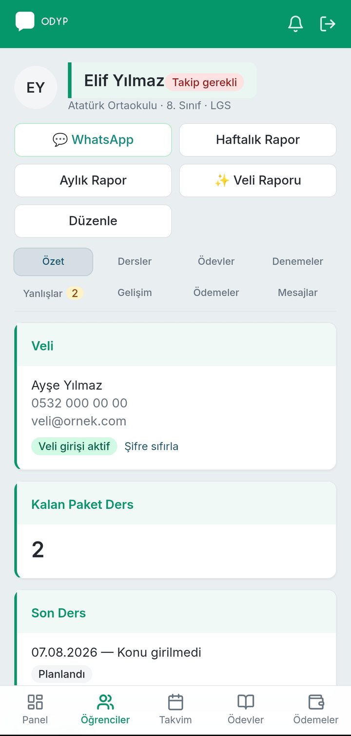 ODYP öğrenci profili: veli bilgileri, kalan paket ders ve son ders özeti