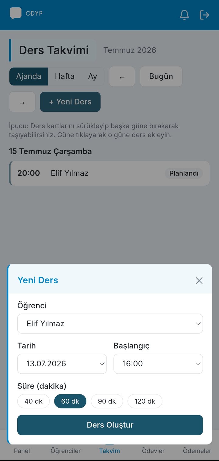 ODYP ders takvimi ve yeni ders oluşturma penceresi